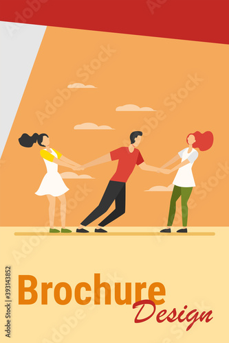 Women competing for boyfriend. Girls pulling on guy arms flat vector illustration. Competition, love, envy concept for banner, website design or landing web page