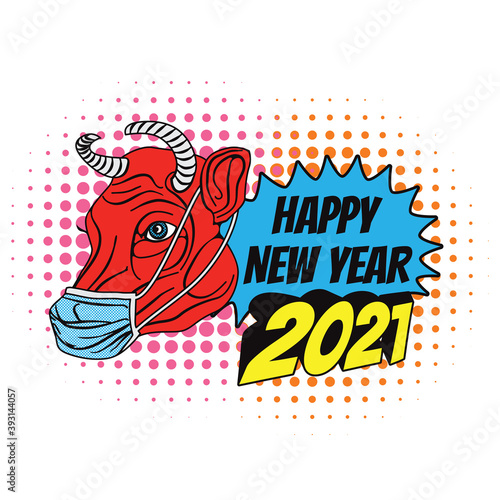 2021 happy new year in Chinese culture. Red bull wearing a surgical mask.
