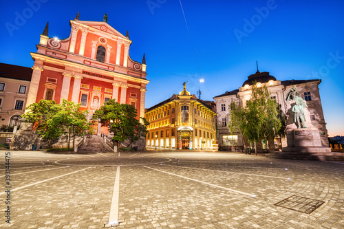 Ljubljana City Center with Beautiful Franciscan Church at Dusk photo