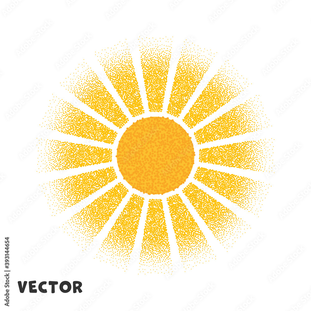 Fototapeta premium Sun with rays, yellow, noise, stipple, dots. Vector object on a white background.