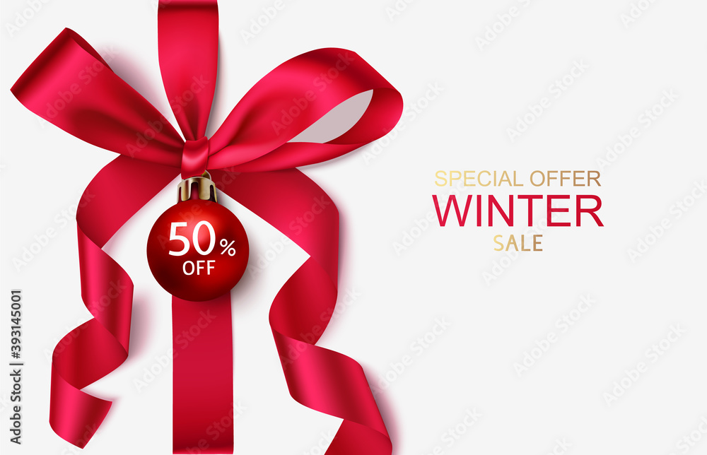 New year winter sale design template. Decorative red bow with Christmas ball and price tag isolated on white. Vector stock illustration. - obrazy, fototapety, plakaty 