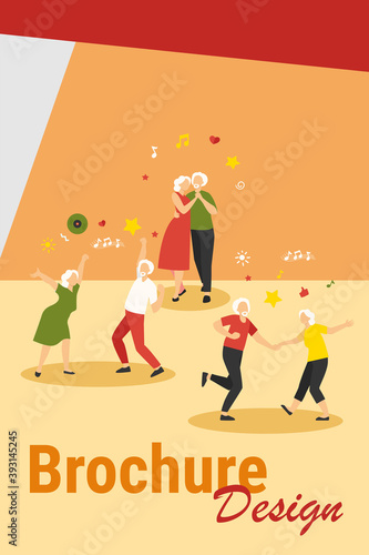 Happy old people dancing isolated flat vector illustration. Cartoon senior grandfathers and grandmothers having fun at party. Music and dancing club concept