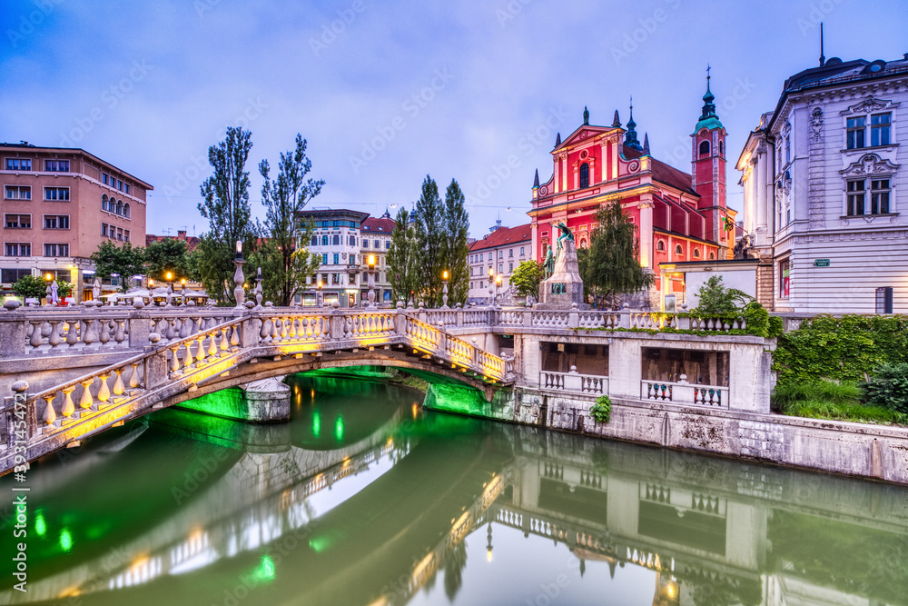 Ljubljana City Center at Dusk overlooking the Triple Bridge and Beautiful Franciscan Church