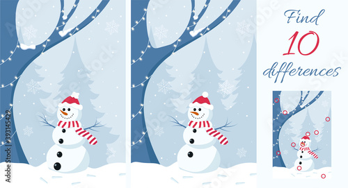 Find the differences. Educational game for children. Snowman in winter forest.