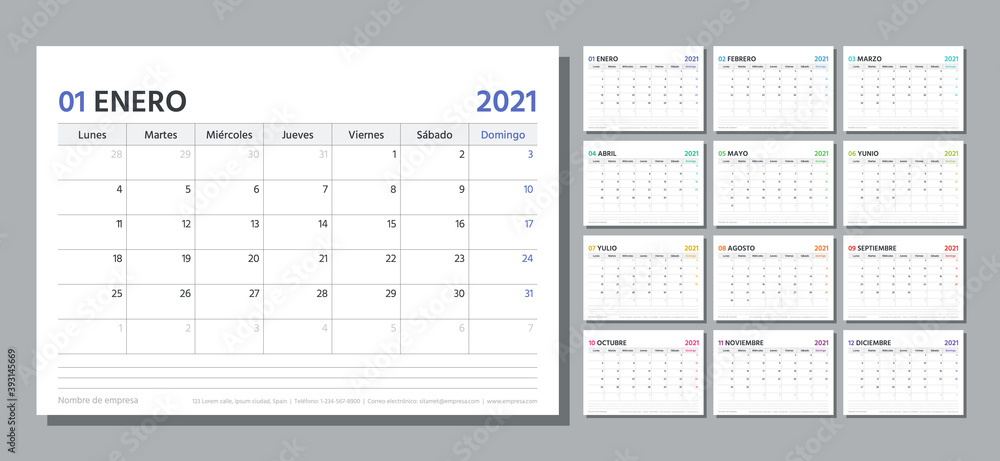 Spanish planner for 2021 year. Calendar template. Week starts Monday. Vector. Table schedule grid. Calender layout with 12 month. Yearly stationery organizer. Horizontal monthly diary. Illustration. - obrazy, fototapety, plakaty 