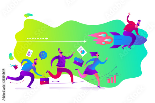 Business infographics with illustrations of business situations. A businessman runs forward to success, victory. Competition, competitive struggle. A man and a woman run, compete, reach the goal. The 