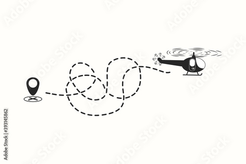 Helicopter. Silhouette. The beginning of the journey and the movement of the dotted line, the concept of travel, excursions, flight. Vector illustration, template.
