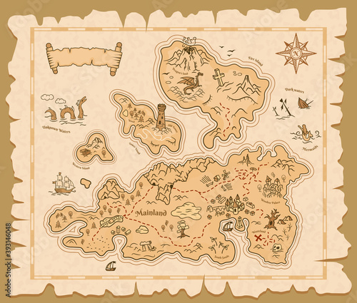 Map of treasures on old paper background, vector pirate island. Treasure map vintage scroll manuscript with compass, sea adventure and cartoon fantasy game dragon monsters, skull and drowned ships