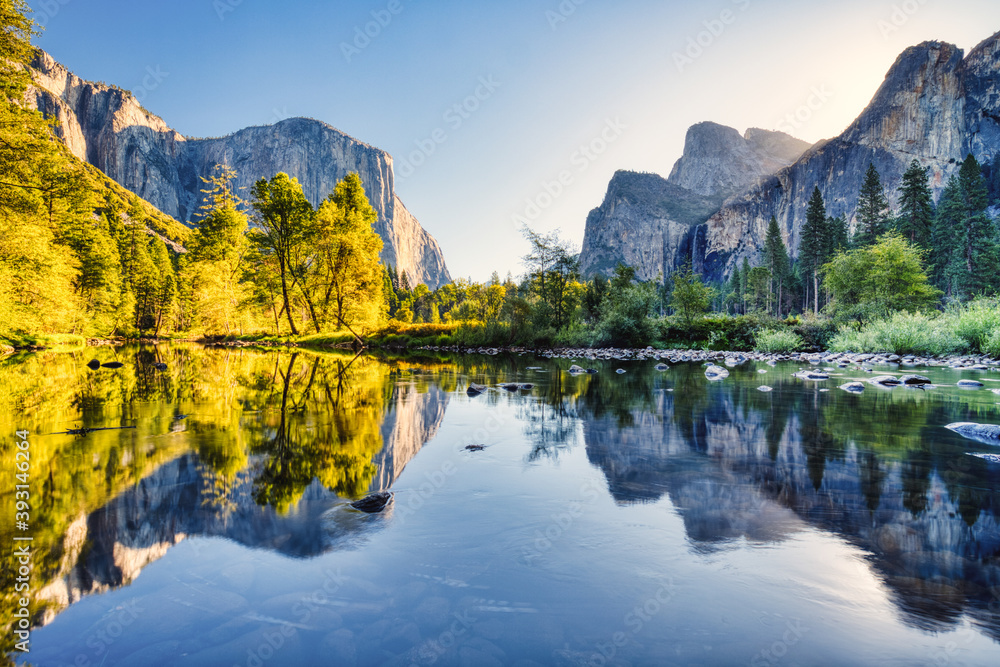 Illuminated Yosemite Valley with Reflection at Sunset, Yosemite National Park, California