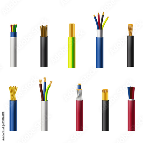 Cable wires in cut, vector isolated set of electric, fiber or copper power cables structure. Cable wires inner color cords and insulation, optic, internet and coaxial cable conductors elements photo