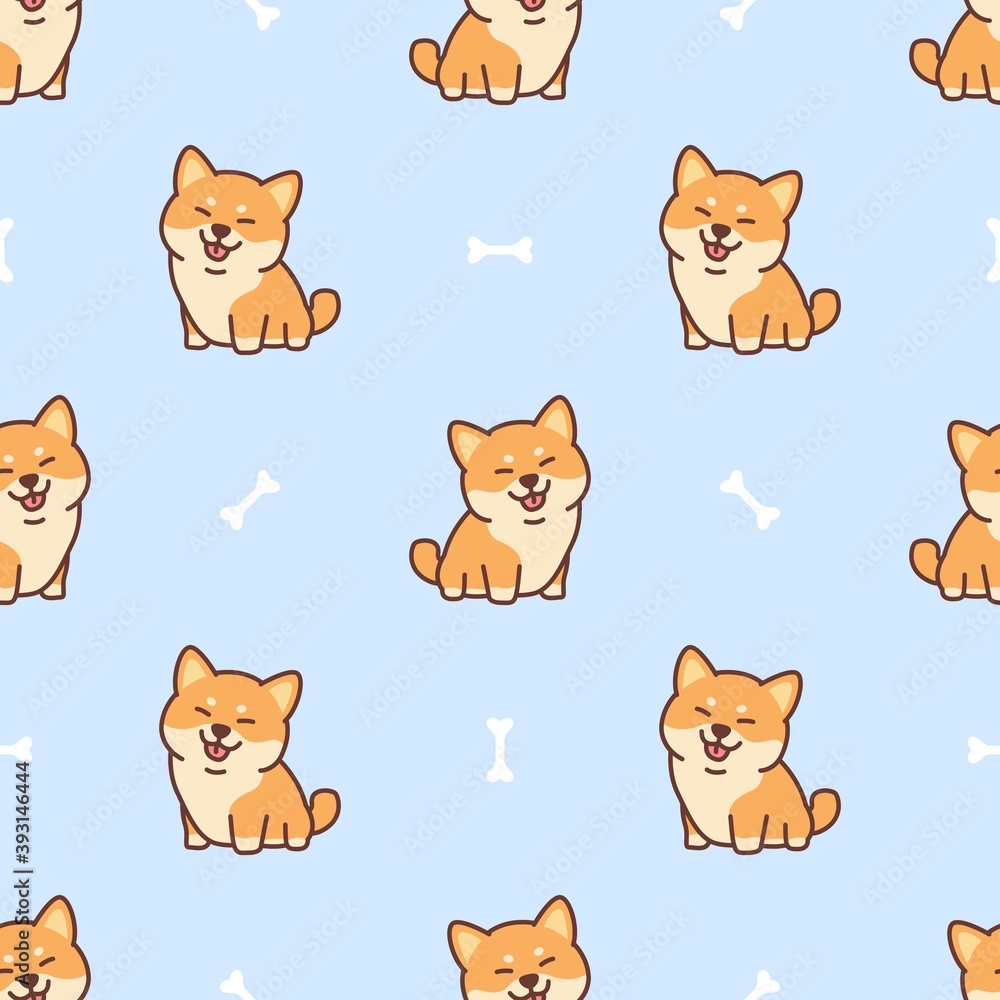 Cute shiba inu dog cartoon seamless pattern, vector illustration