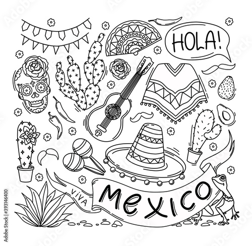 Mexico set of elements. Outline. Coloring. Vector illustration.