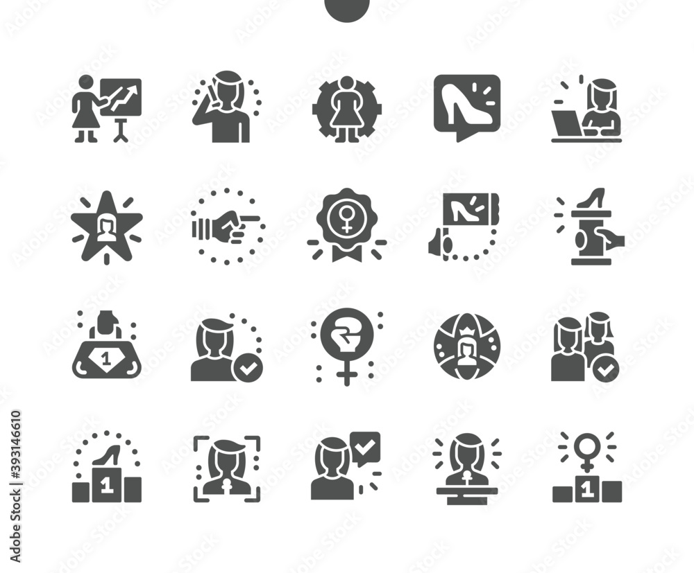 Female leader. Fulfilled businesswoman. Beauty will save the world. Feminine power, equality of rights. Girl announcer. Vector Solid Icons. Simple Pictogram Female leader. Fulfilled businesswoman. Beauty will save the world. Feminine power, equality of rights. Girl announcer. Vector Solid Icons. Simple Pictogram