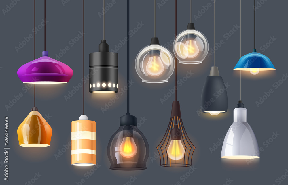 Lamp lights and chandelier bulbs for interior design, vector isolated realistic elements. Modern or vintage retro, lamp lights hanging from ceiling, home decor led lamps of glass, plastic and metal Lamp lights and chandelier bulbs for interior design, vector isolated realistic elements. Modern or vintage retro, lamp lights hanging from ceiling, home decor led lamps of glass, plastic and metal
