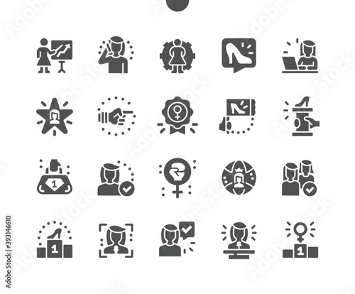 Female leader. Fulfilled businesswoman. Beauty will save the world. Feminine power, equality of rights. Girl announcer. Vector Solid Icons. Simple Pictogram