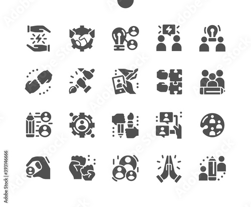 Successful creative team. Working and communicating together. Team work process. Startup, idea. Team power. Vector Solid Icons. Simple Pictogram