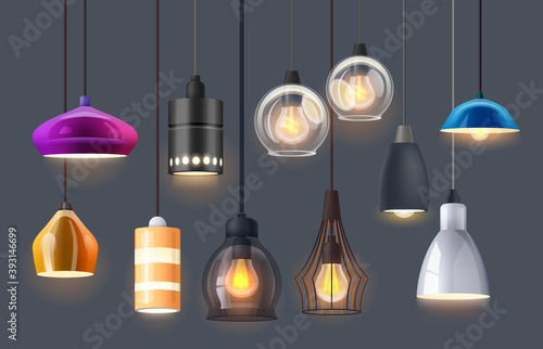Lamp lights and chandelier bulbs for interior design, vector isolated realistic elements. Modern or vintage retro, lamp lights hanging from ceiling, home decor led lamps of glass, plastic and metal