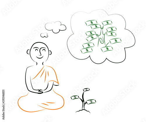 Buddhist monk and money tree. Sketch. Vector illustration.