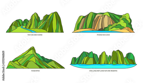Vietnam landmarks or landscape, mountains icon set