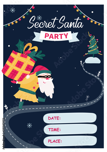 Wallpaper Mural Secret Santa invitation template with santa and box. Christmas Santa in mask for party with presents on dark background. Vertical flyer for Christmas event. Torontodigital.ca