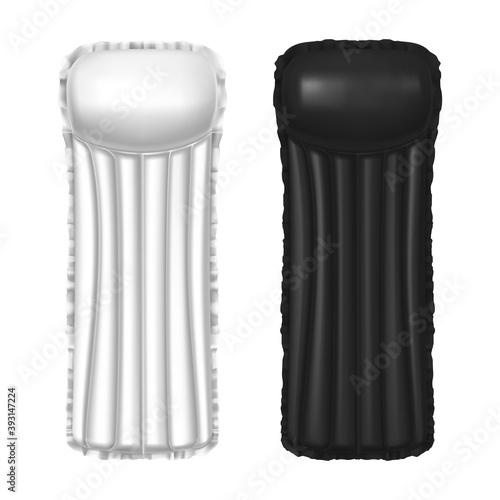 Inflatable mattress realistic 3D, pool and beach floating air bed, vector mockup. White and black realistic inflatable mattress for swimming or sleeping with pillow, summer sea vacations objects