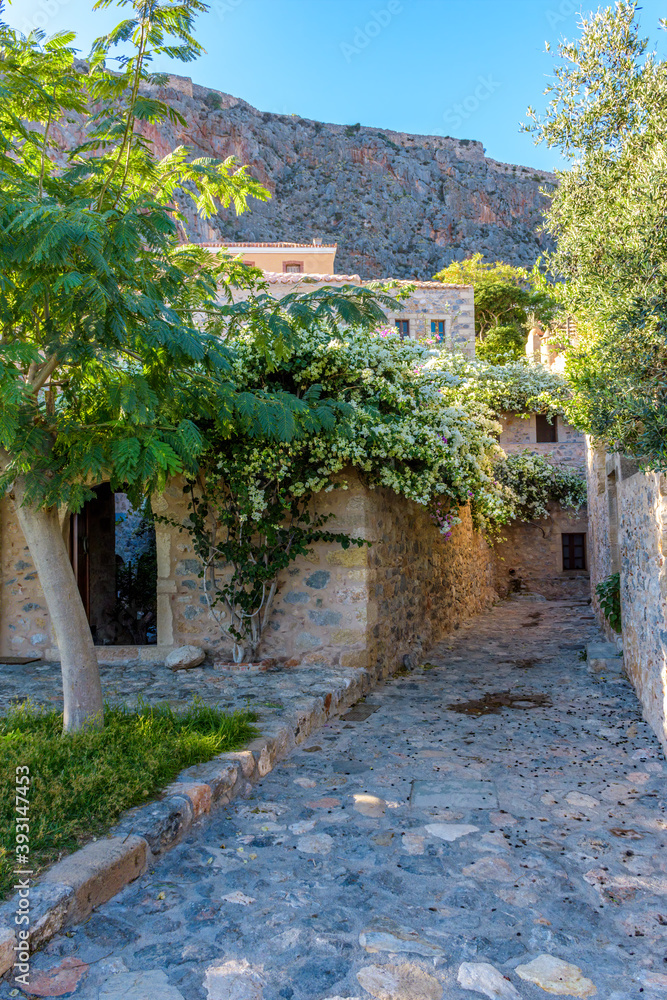 Traditional architecture with  narrow  stone street and a colorfull bougainvillea in  the medieval  castle of Monemvasia, Lakonia, Peloponnese, Greece.