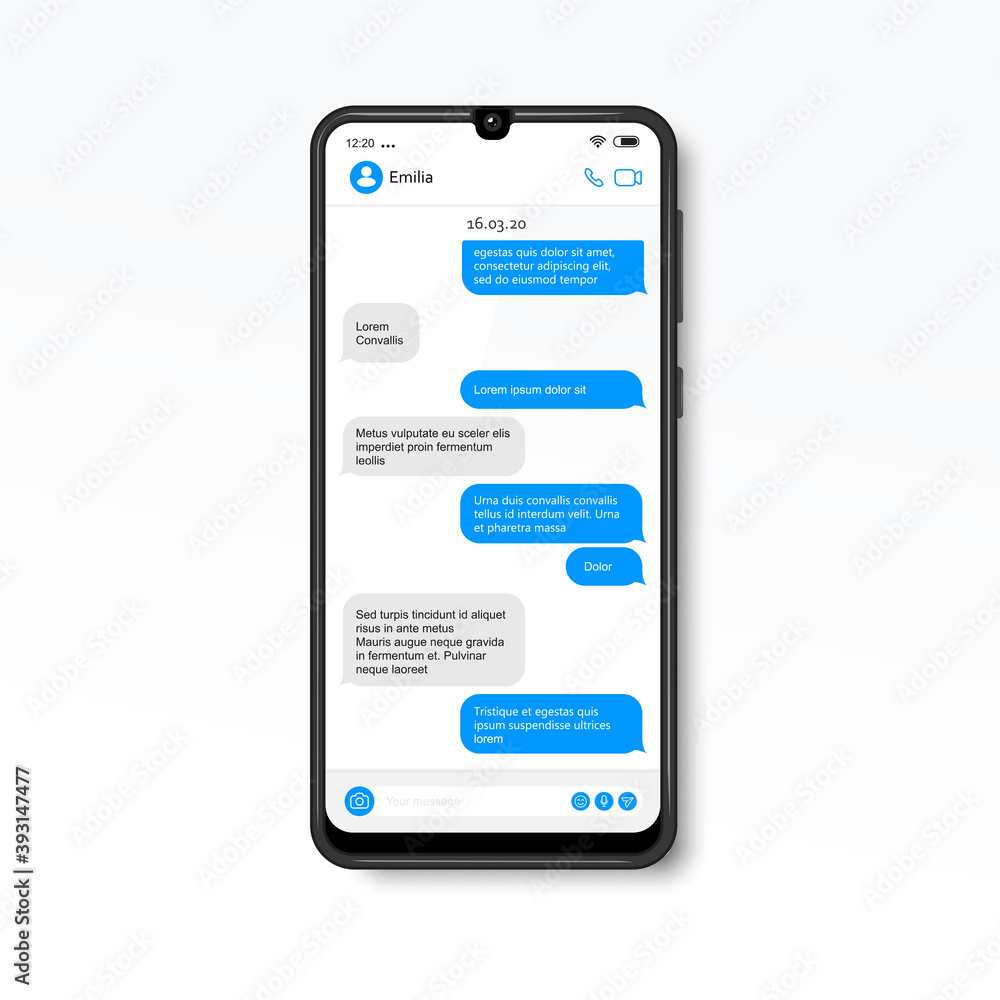Chat screen vector illustration. Messaging template. Realistic phone Chat screen vector illustration. Messaging template. Realistic phone