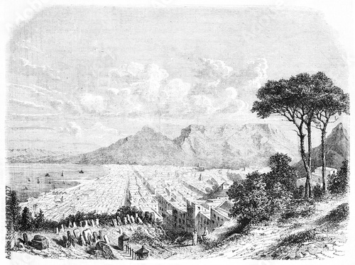 cemetery on hill fronting vast view of Cape Town glimpse, South Africa. Ancient grey tone etching style art by unidentified author on Le Tour du Monde, Paris, 1861
