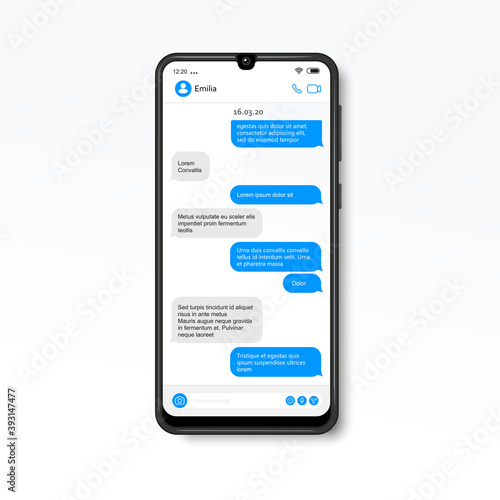 Chat screen vector illustration. Messaging template. Realistic phone
