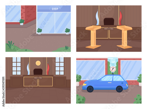 Courthouse and crime area flat color vector illustration set. Supreme court procedure. Legal investigation. Urban street and courtroom 2D cartoon interior, landscape with cityscape on background pack