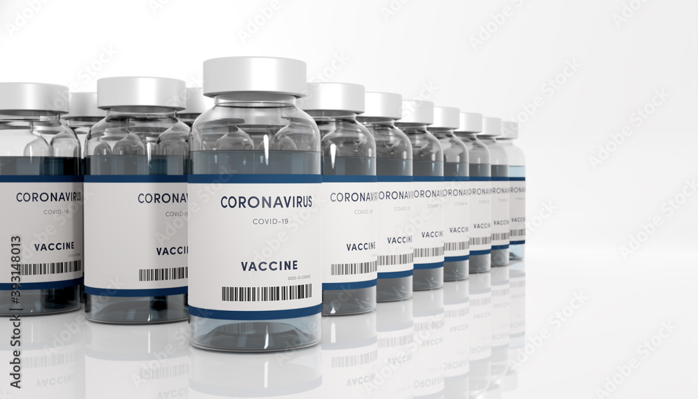 Biology and science. Covid-19. Concept of vaccination against new Coronavirus Covid-19. Rows of glass container. 3D Render.