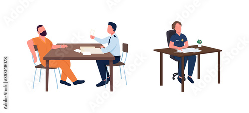 Police officer work flat color vector faceless character set. Interrogate suspect. Crime investigation procedure isolated cartoon illustration for web graphic design and animation collection