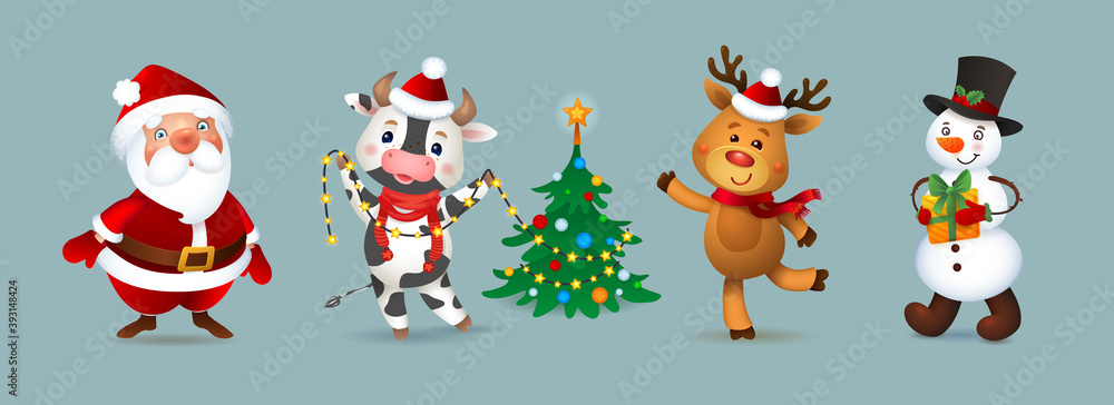 Merry Christmas Vector Character Set. Santa Claus, Snowman, Deer and Ox. Cute Funny Macots