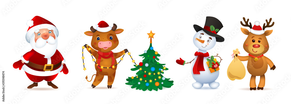 Merry Christmas Vector Character Set. Santa Claus, Snowman, Deer and Ox. Cute Funny Macots Merry Christmas Vector Character Set. Santa Claus, Snowman, Deer and Ox. Cute Funny Macots