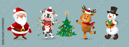 Merry Christmas Vector Character Set. Santa Claus, Snowman, Deer and Ox. Cute Funny Macots