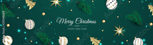 Merry Christmas and Happy New Year. Xmas background with poinsettia, Snowflakes, star and balls design.