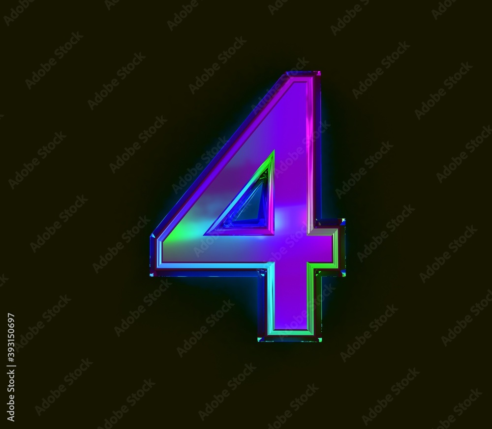 Obraz premium Colorful dichroic film alphabet - number 4 isolated on grey background, 3D illustration of symbols