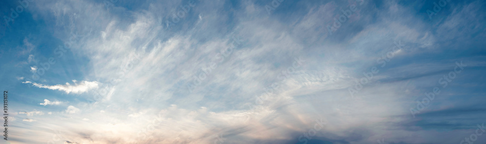 Sky panorama, dramatic twilight sky background. Banner. Sunset, sunrise light. Copy space