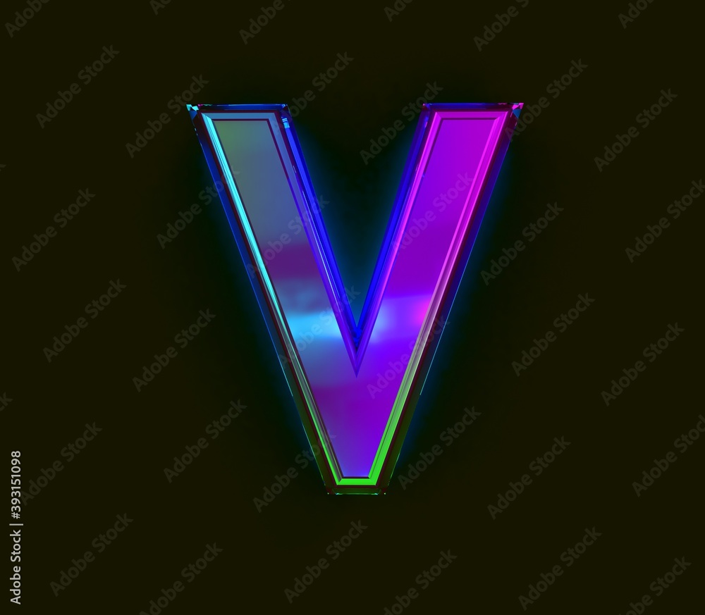Colorful dichroic film alphabet - letter V isolated on grey background, 3D illustration of symbols Colorful dichroic film alphabet - letter V isolated on grey background, 3D illustration of symbols
