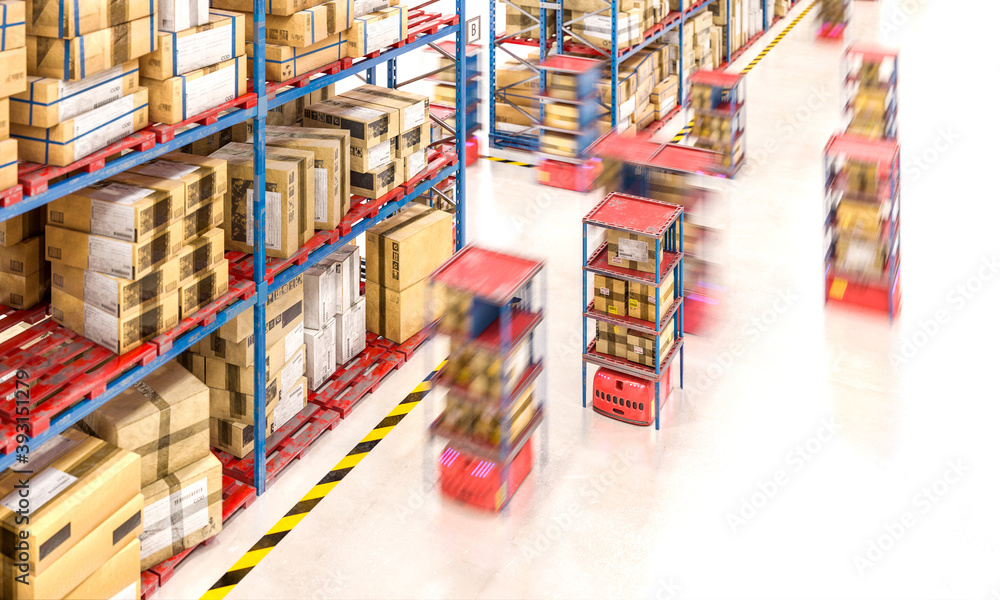 warehouse with goods in boxes and automated means that move the boxes.