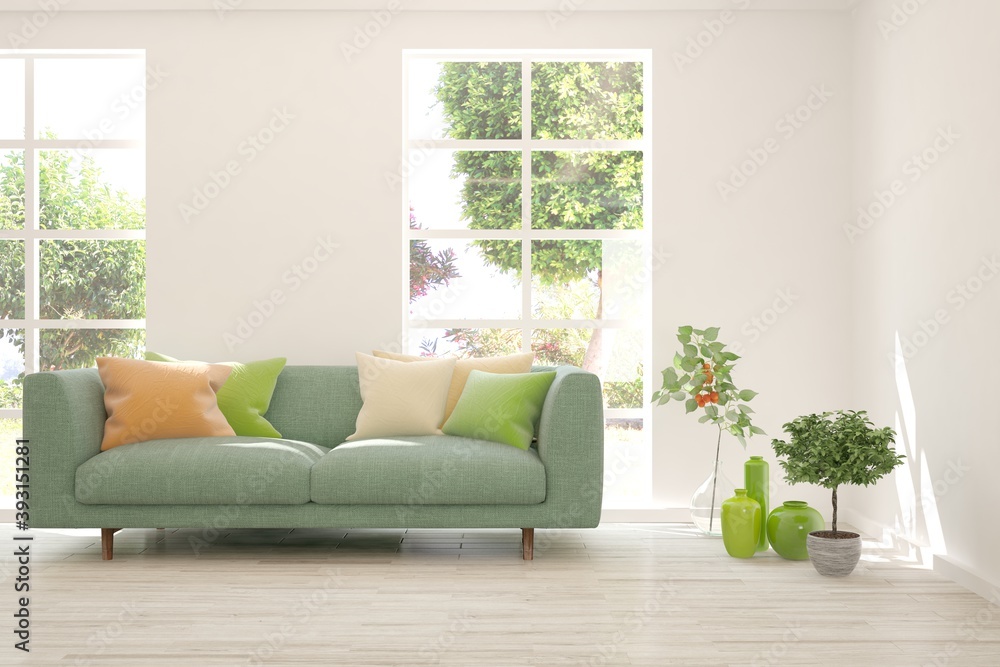 White living room with sofa and summer landscape in window. Scandinavian interior design. 3D illustration White living room with sofa and summer landscape in window. Scandinavian interior design. 3D illustration