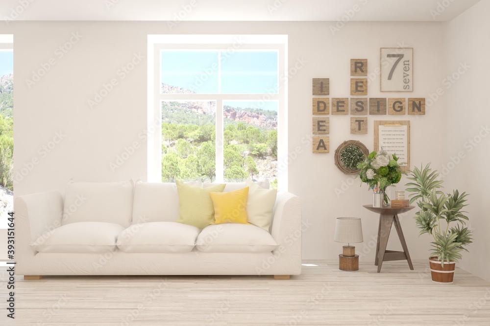 Fototapeta premium White living room with sofa and summer landscape in window. Scandinavian interior design. 3D illustration