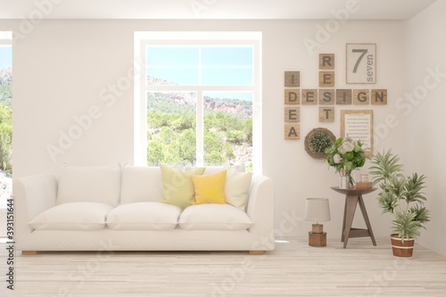 White living room with sofa and summer landscape in window. Scandinavian interior design. 3D illustration