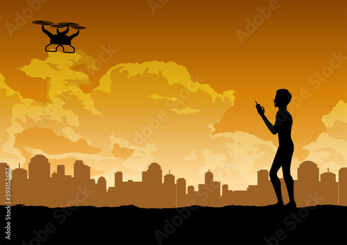 silhouette design of man is playing drone,vector illustration