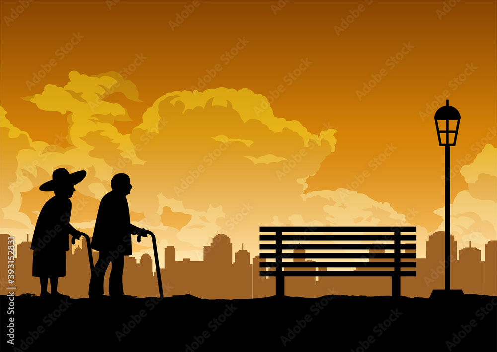Fototapeta premium silhouette design of two old couple walk in the pak ,vector illustration