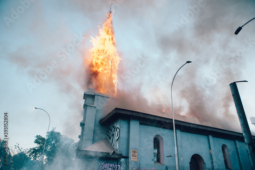 Church burns during a protests in Chile