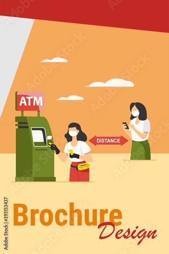 Women using ATM and keeping distance. Money, quarantine, mask flat vector illustration. Finance and pandemic concept for banner, website design or landing web page