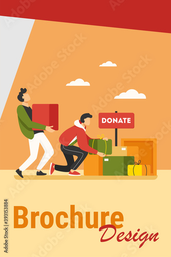 Volunteers donating stuff in boxes for poor people. Service, homeless, kindness flat vector illustration. Charity and care concept for banner, website design or landing web page