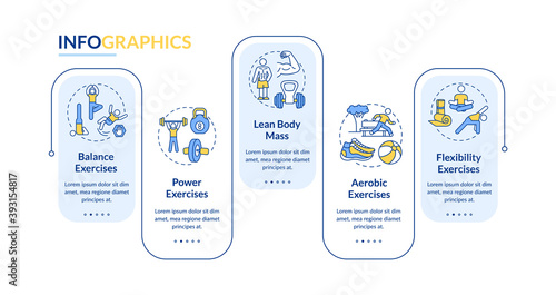 Muscle training vector infographic template. Fitness exercise. Physical health presentation design elements. Data visualization with 5 steps. Process timeline chart. Workflow layout with linear icons