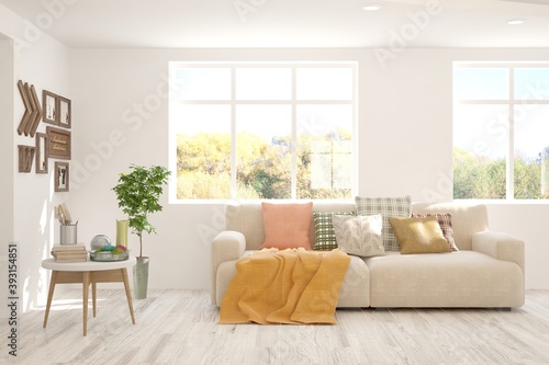 Stylish room in white color with sofa and autumn landscape in window. Scandinavian interior design. 3D illustration